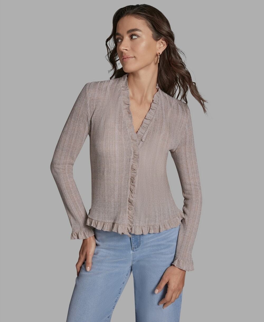 BCBG Women's V-Neck Ruffle Hem Cardigan Sweater Beige Size M 3819